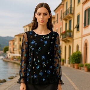 🌸 Du Jour Floral Embroidered Top with Ruffle Hem - Indigo Size XL 🌸